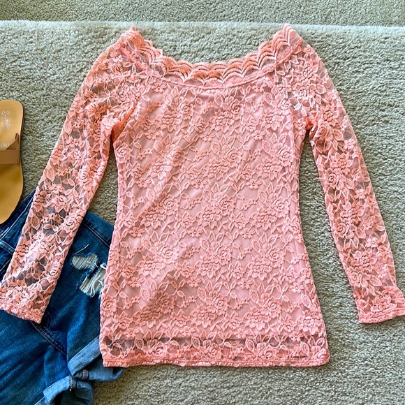 Peach Long Sleeve Lace Top - Picture 9 of 9